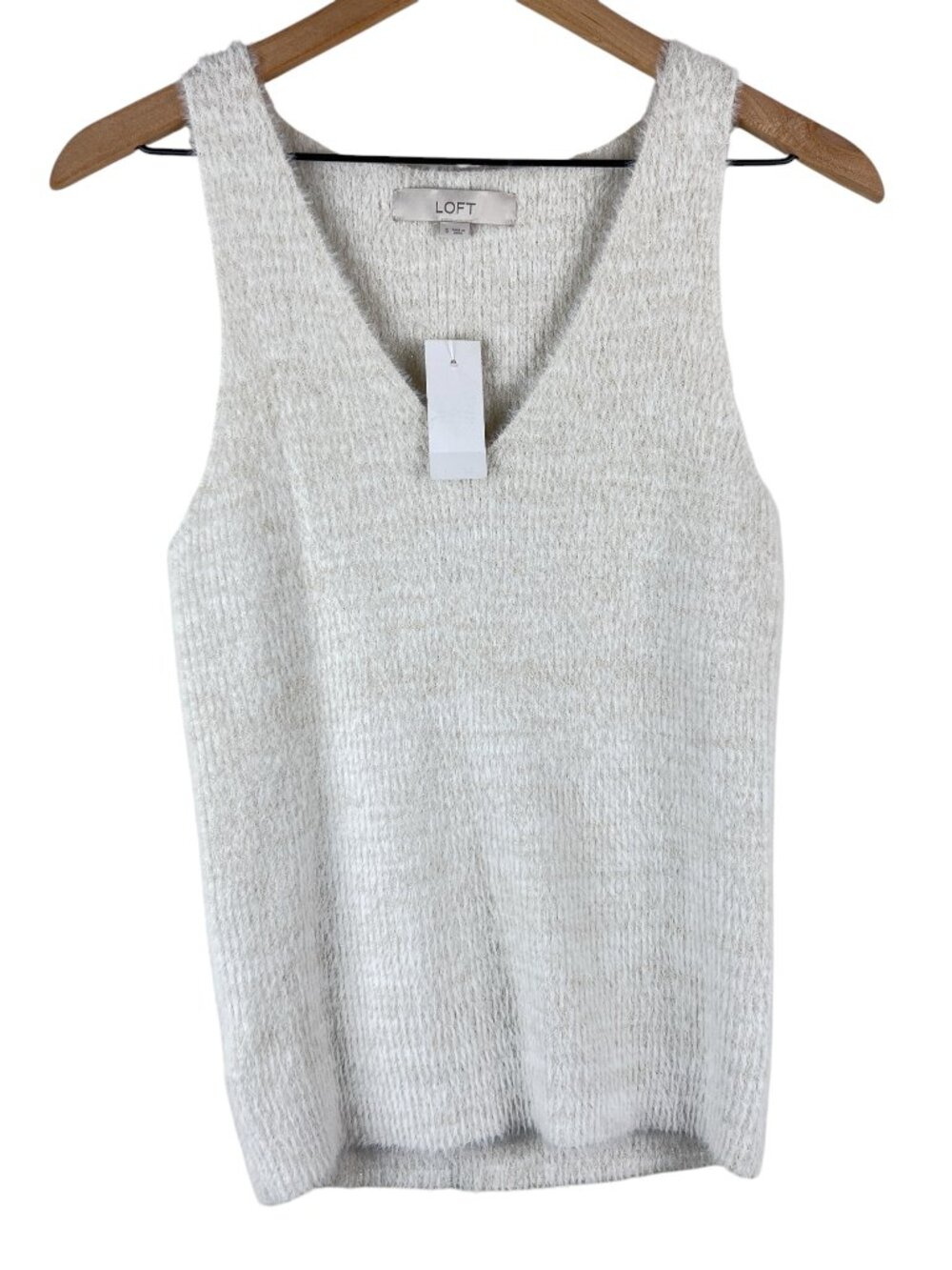 NWT LOFT Ivory Metallic Shimmer Fuzzy Knit V-Neck Tank Top